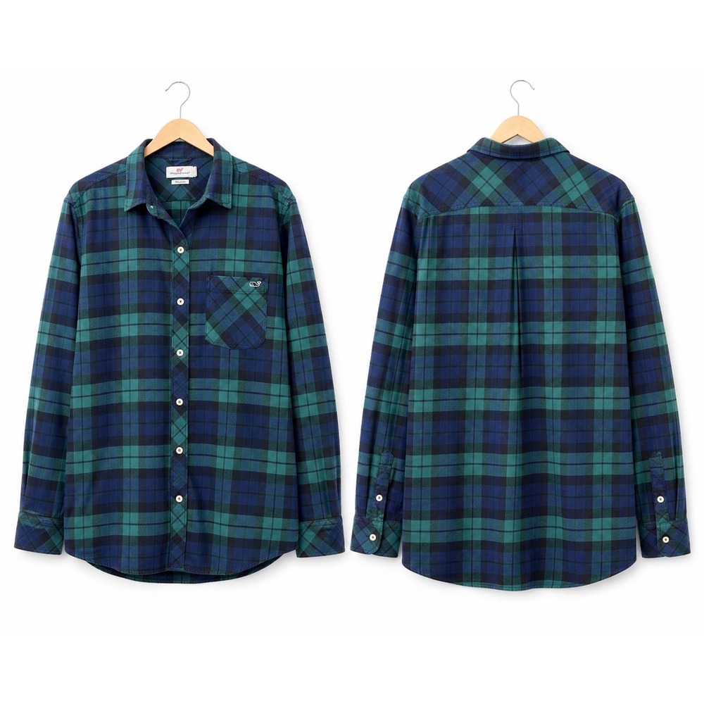 Vineyard Vines Womens Relaxed Fit Plaid Flannel Shirt Green Navy Blue Size 8